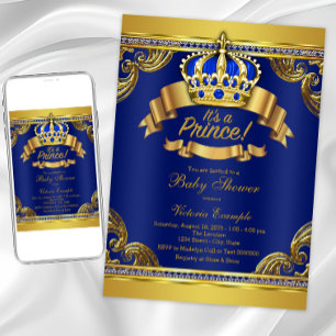 Invitación Gold Crown Royal Blue Prince Boy Baby Shower