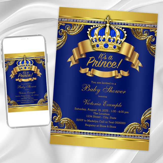 Invitación Gold Crown Royal Blue Prince Boy Baby Shower (Royal blue gold prince baby shower invitation. Instant download and printed invitations available.)