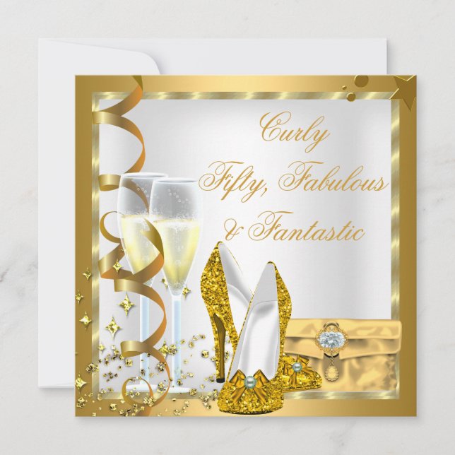 Invitación GOLD Curly Fabulous Fantastic (Anverso)
