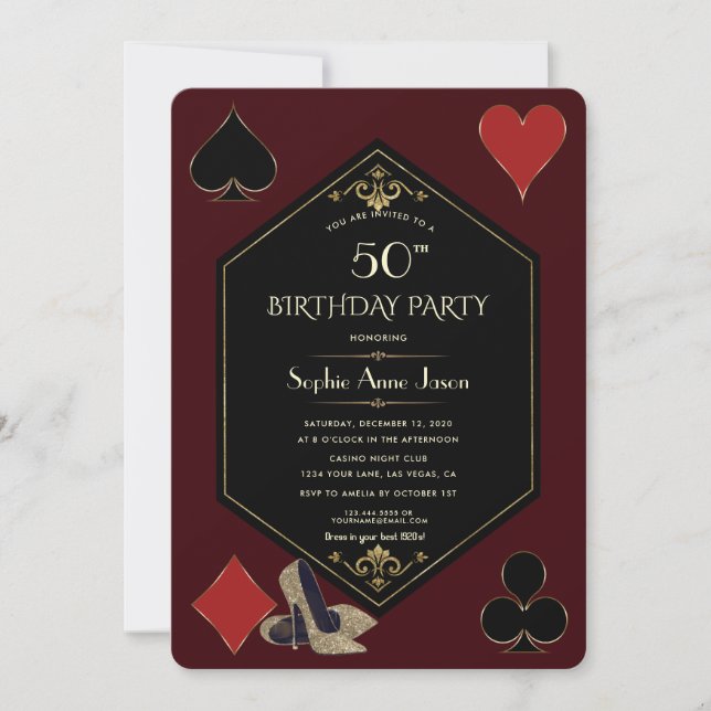 Invitación Gold Deep Burgundy Art Deco Gatsby Casino Birthday (Anverso)