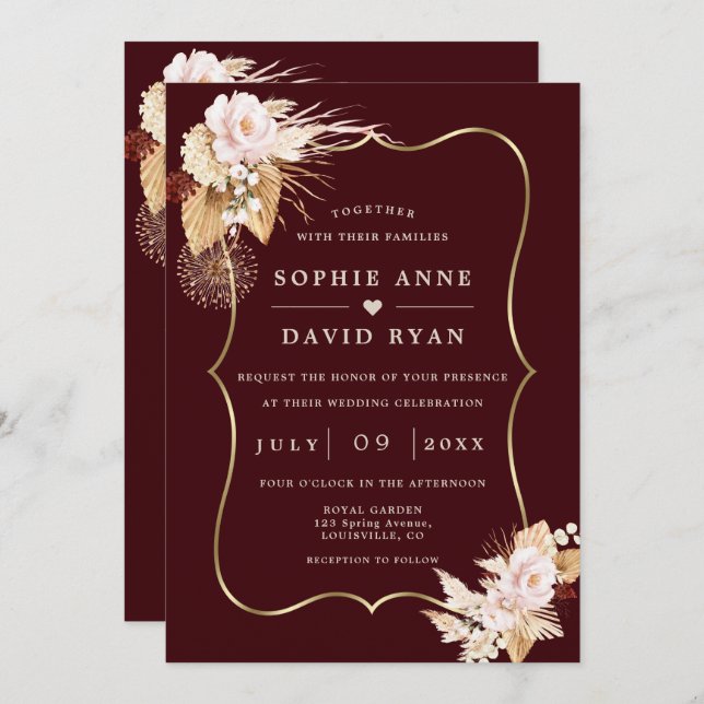 Invitación Gold Deep Burgundy Floral Fall All In One Wedding (Anverso / Reverso)