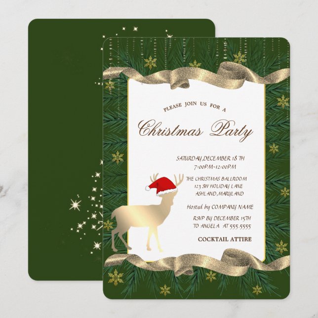 Invitación Gold Deer Santa Hat, Branding Green Navidades Fies (Anverso / Reverso)