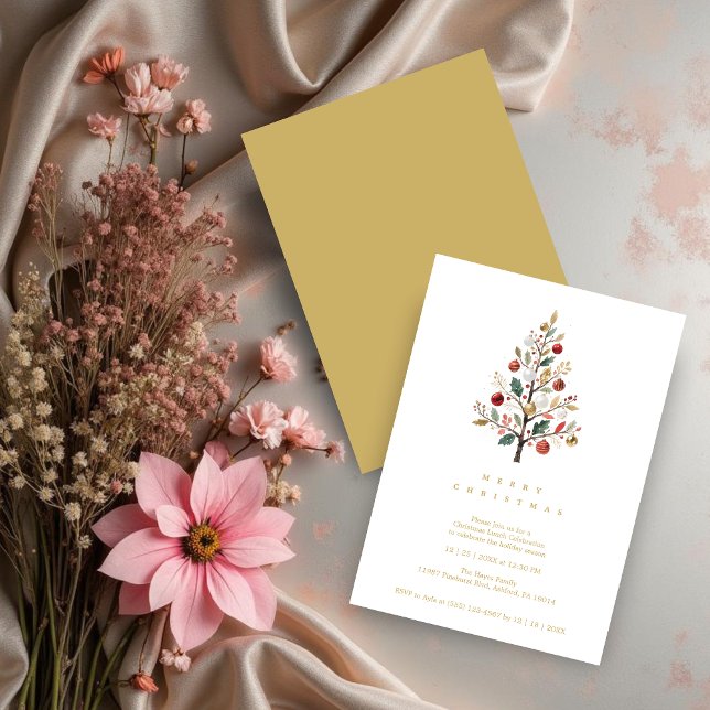 Invitación Gold Delicate Minimalist Winter Christmas Tree (Gold Minimalist Chic Winter Christmas Tree Holiday Party Invitations Cards in  Watercolor Style. )
