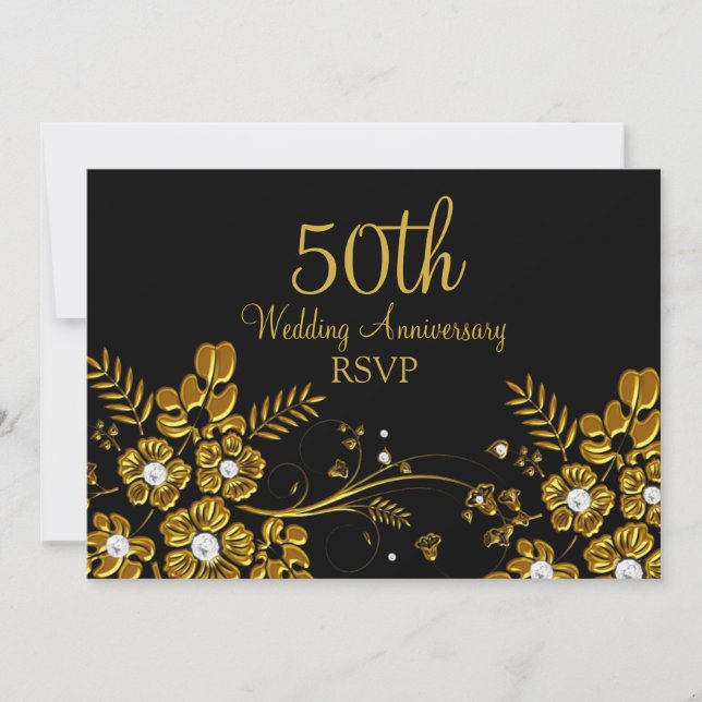 Invitación Gold Diamond Floral Swirl 50 Aniversario RSVP (Anverso)