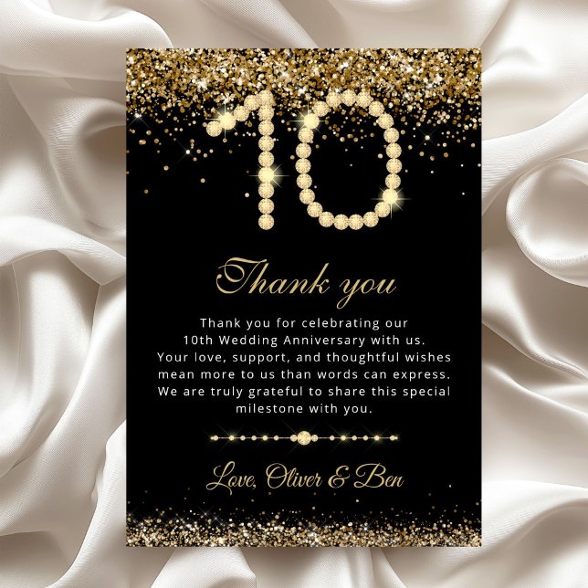 Invitación Gold Diamonds 10th Anniversary Thank You Card (Gold Diamond 10th Anniversary wedding Thank you card)