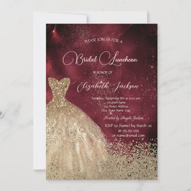 Invitación Gold Diamonds Dress Dark Red Bridal Luncheon (Anverso)