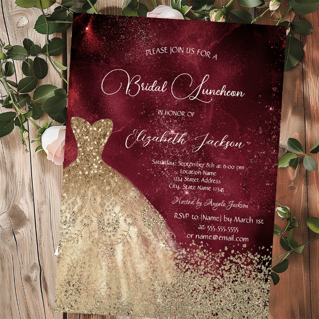 Invitación Gold Diamonds Dress Dark Red Bridal Luncheon (Subido por el creador)