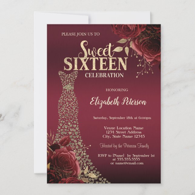 Invitación Gold Diamonds Dress Red Roses Sweet 16  (Anverso)