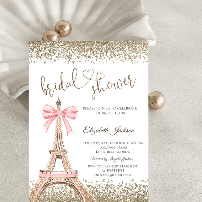 Invitación Gold Diamonds Eiffel Tower Bow Bridal Shower  (Subido por el creador)
