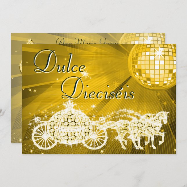 Invitación Gold Disco Ball, Princess Coach & Horses Sweet 16 (Anverso / Reverso)