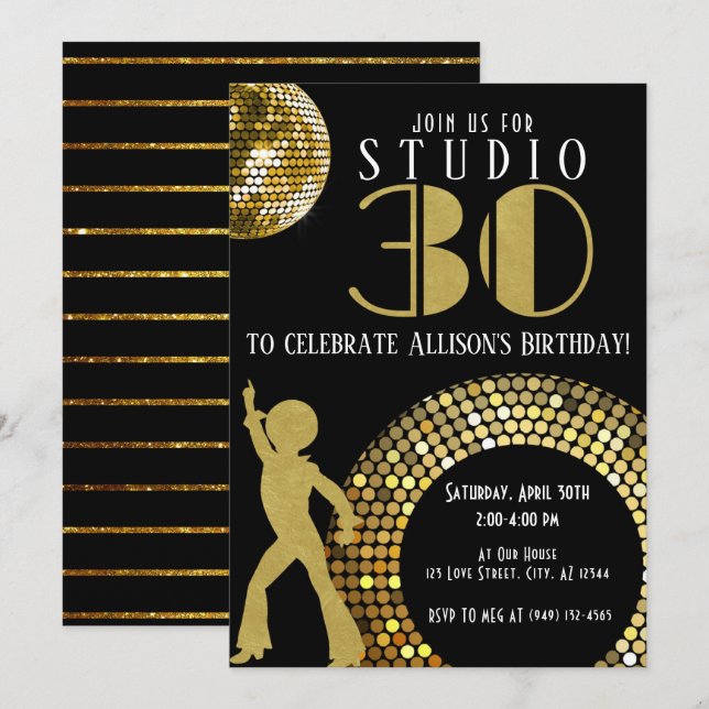 Invitación Gold Disco Ball Studio 54 Fiesta 30 cumpleaños (Anverso / Reverso)