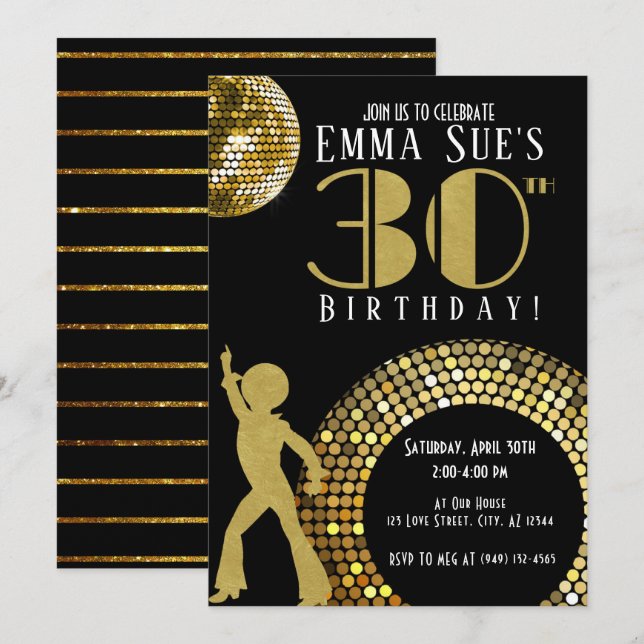 Invitación Gold Disco Ball Studio 54 Fiesta 30 cumpleaños (Anverso / Reverso)