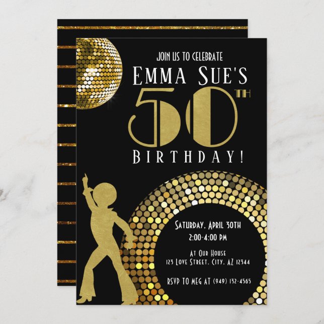 Invitación Gold Disco Ball Studio 54 Fiesta 50 cumpleaños (Anverso / Reverso)
