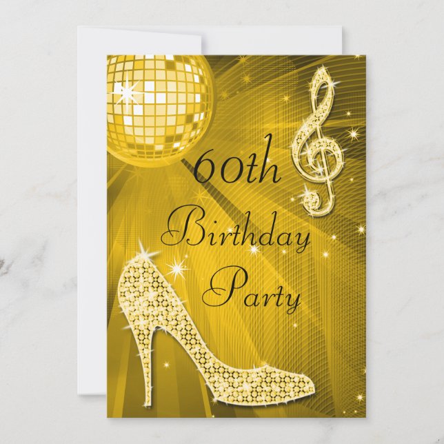 Invitación Gold Disco Ball y Heels cumpleaños número 60 (Anverso)