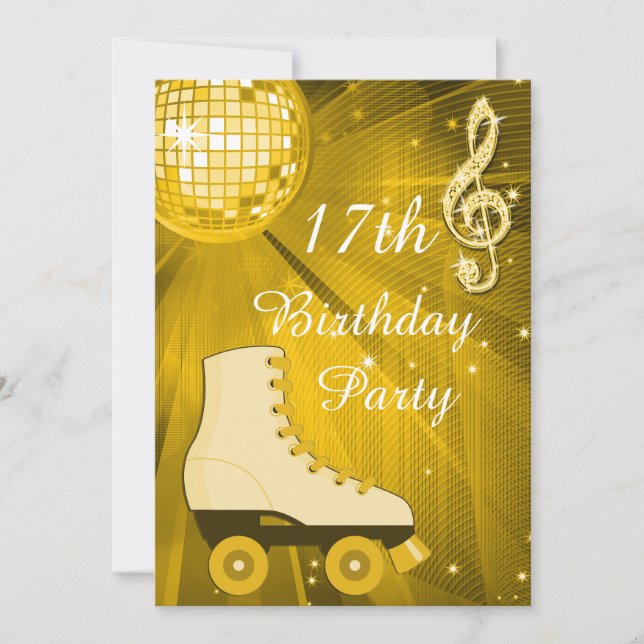 Invitación Gold Disco Ball y Roller Skates 17 cumpleaños (Anverso)