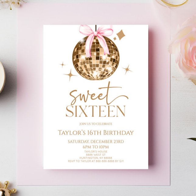 Invitación Gold Disco Bow Sweet 16th Birthday Party (Subido por el creador)