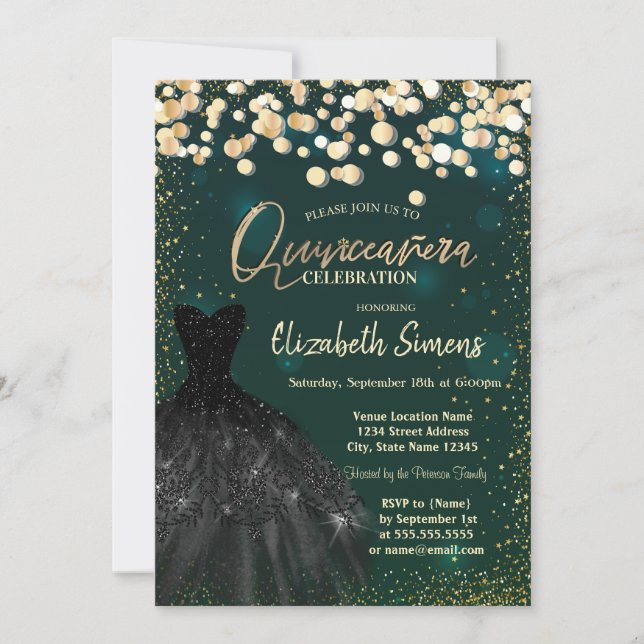 Invitación Gold  Dots,Black Dress Green Quinceañera (Anverso)