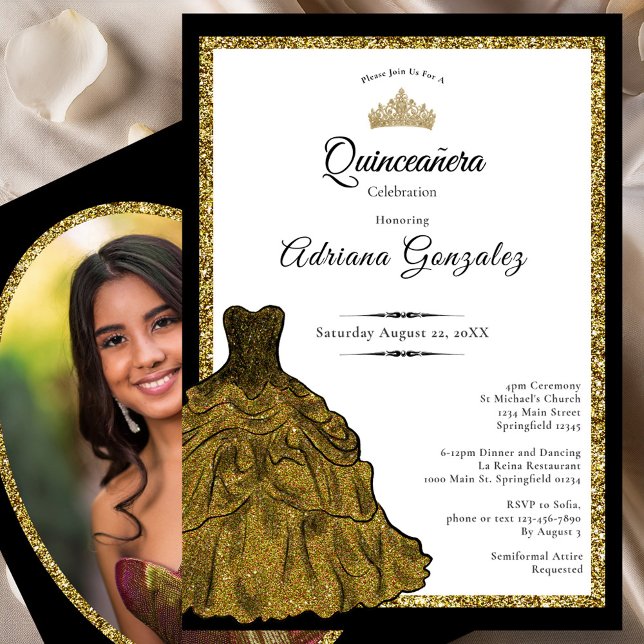 Invitación Gold Dress and Tiara Custom Photo Quinceanera (Subido por el creador)