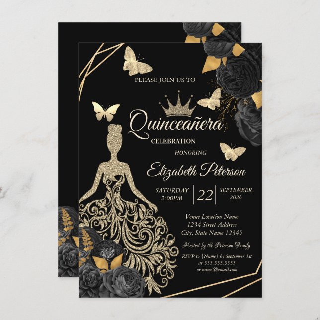 Invitación Gold Dress,Butterfly Black Roses Quinceañera (Anverso / Reverso)