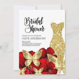 Invitación Gold Dress Red Rose Floral Bridal Shower 
