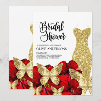 Invitación Gold Dress Red Rose Floral Bridal Shower 