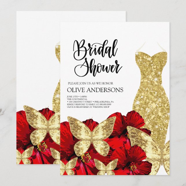 Invitación Gold Dress Red Rose Floral Bridal Shower  (Anverso / Reverso)