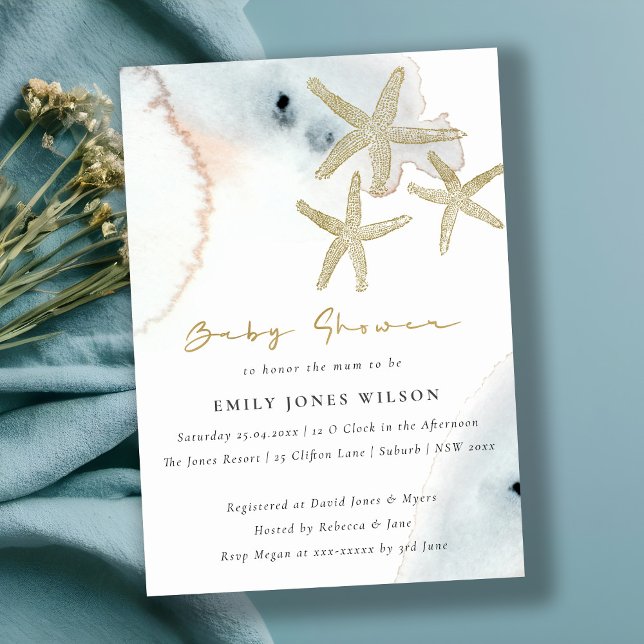 Invitación Gold Dusky Blue Beach Starfish Baby Shower (Subido por el creador)