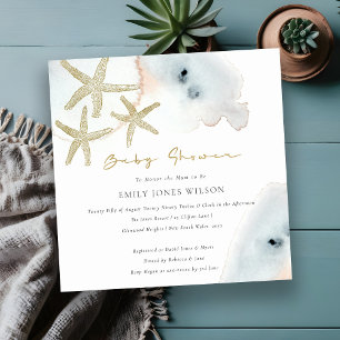 Invitación Gold Dusky Blue Peach Beach Starfish Baby Shower