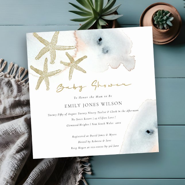 Invitación Gold Dusky Blue Peach Beach Starfish Baby Shower (Subido por el creador)