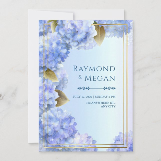 Invitación Gold Edged Blue Hydrangea Gilded Leaf Frame (Anverso)