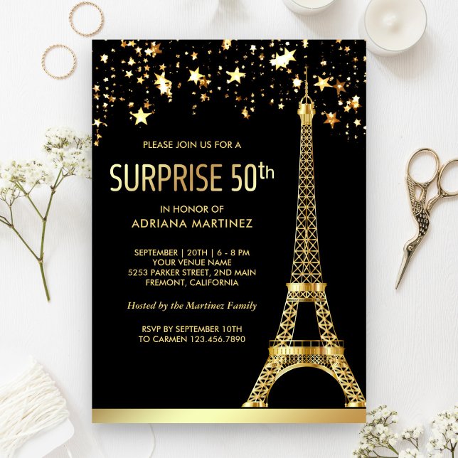 Invitación Gold Eiffel Tower Black Surprise 50 cumpleaños (Subido por el creador)
