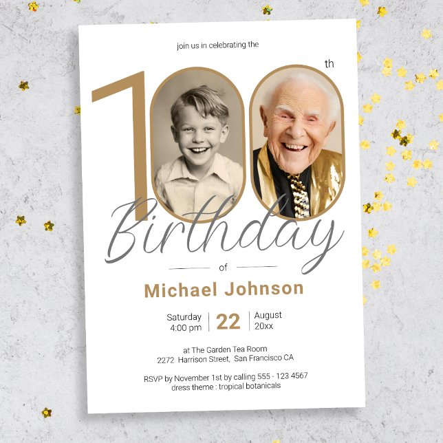 Invitación Gold Elegant Simple Photo 100th Birthday Party (Mockup View)