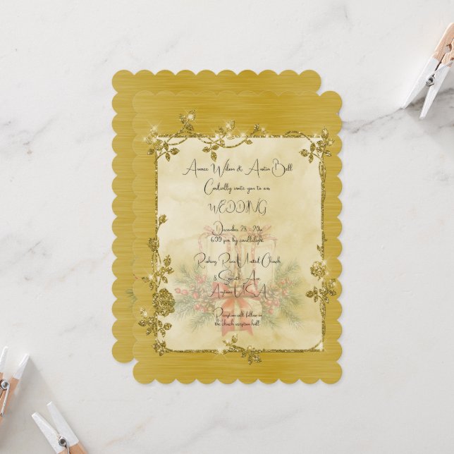 Invitación Gold Elegant Sparkly Frame After Christmas Wedding (Anverso/Reverso In Situ)
