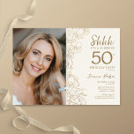 Invitación Gold Elegant Surprise Foto 50 cumpleaños<br><div class="desc">Sorpresa de la crema de oro floral 50 cumpleaños con tu foto en la parte delantera de la tarjeta. Diseño elegante y moderno con detalles botánicos de dibujos y tipografía. Sencilla carta de invitación a la moda, perfecta para una elegante celebración de cumpleaños femenina. Se puede personalizar a cualquier edad....</div>