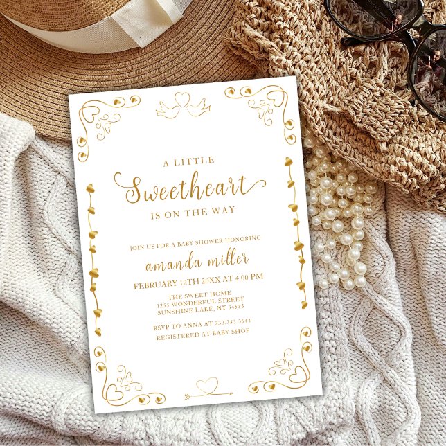 Invitación Gold Elegant SValentine Baby Shower (Gold Elegant Sweetheart Valentine Baby Shower Invitation)