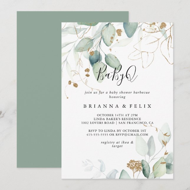 Invitación Gold Eucalyptus BabyQ Baby Shower Barbecue (Anverso / Reverso)