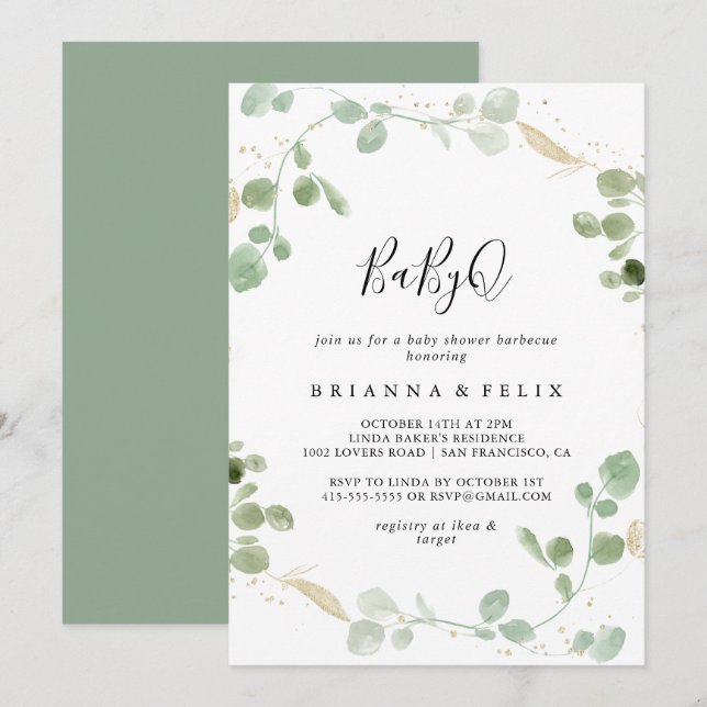 Invitación Gold Eucalyptus BabyQ Baby Shower Barbecue (Anverso / Reverso)