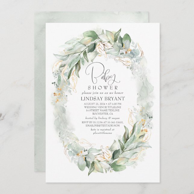 Invitación Gold Eucalyptus Greenery Wreath Boho Baby Shower (Anverso / Reverso)