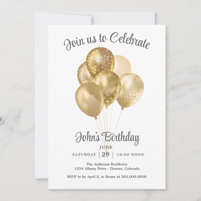 Invitación Gold Faux Glitter Balloon Birthday Party (Anverso)
