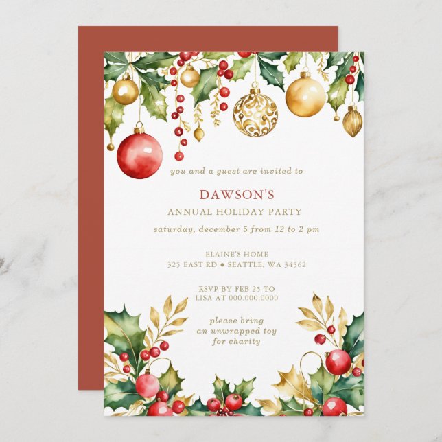 Invitación Gold Festive Corporate Christmas Party  (Anverso / Reverso)