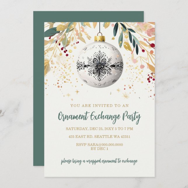 Invitación Gold Festive Ornament Exchange Christmas Party (Anverso / Reverso)