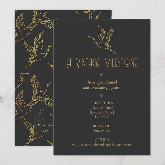 Invitación Gold Filigree Art Deco | Crane 70th Birthday (Anverso / Reverso)