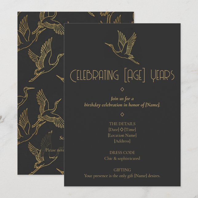 Invitación Gold Filigree Art Deco | Crane Birthday (Anverso / Reverso)