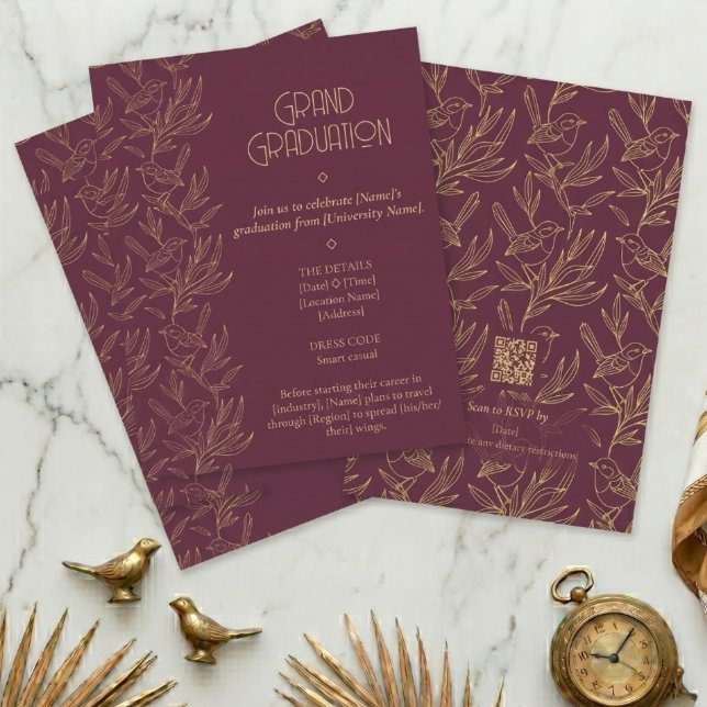 Invitación Gold Filigree Art Deco | Fairy Wren Graduation (Flat Lay)