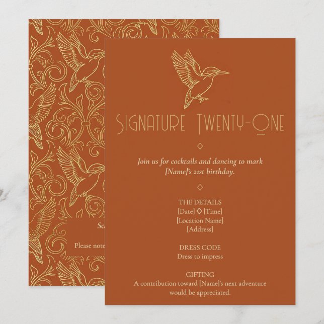 Invitación Gold Filigree Art Deco | Kingfisher 21st Birthday (Anverso / Reverso)