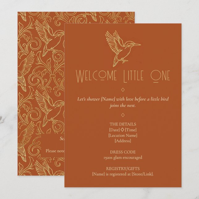 Invitación Gold Filigree Art Deco | Kingfisher Baby Shower (Anverso / Reverso)