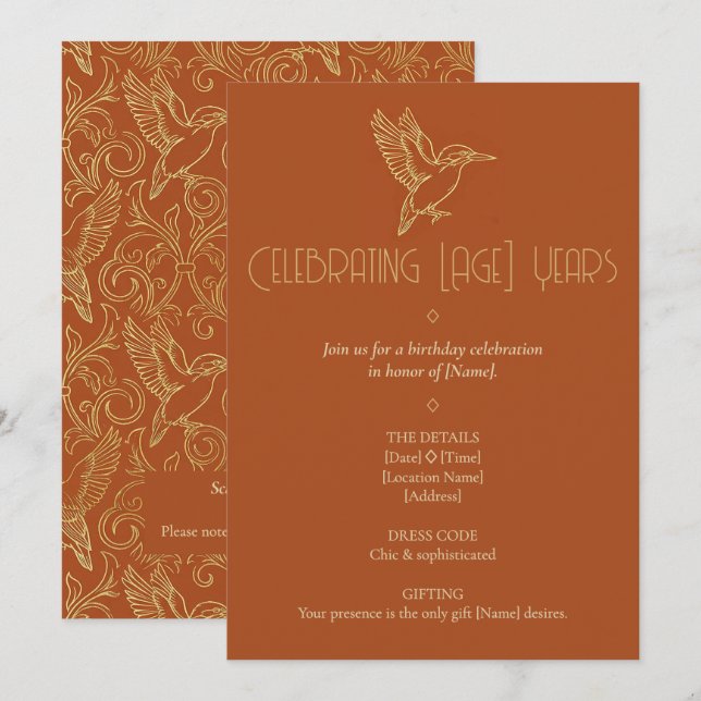 Invitación Gold Filigree Art Deco | Kingfisher Birthday (Anverso / Reverso)