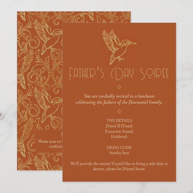 Invitación Gold Filigree Art Deco | Kingfisher Father's Day (Anverso / Reverso)