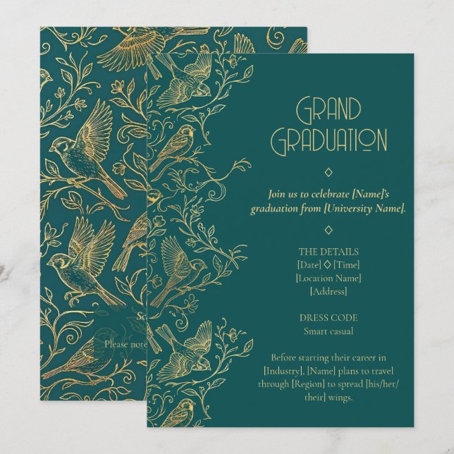 Invitación Gold Filigree Art Deco | Sparrow Graduation (Anverso / Reverso)