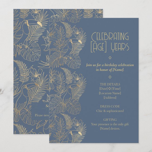 Invitación Gold Filigree Art Deco | Toucan Birthday (Anverso / Reverso)